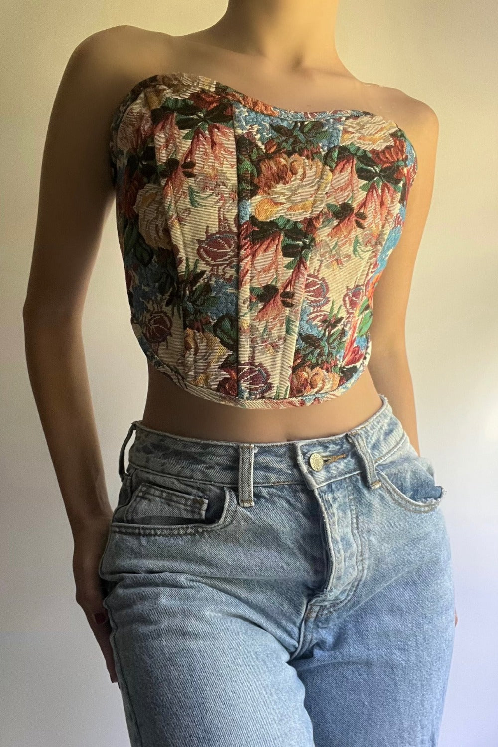 Floral Tapestry Corset Top in Pink