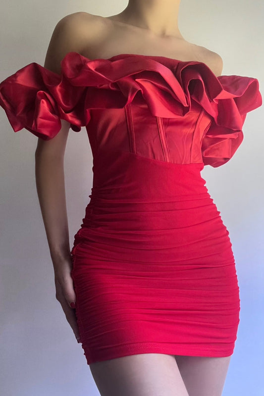 Mila Ruffle Off The Shoulder Dress (Red)