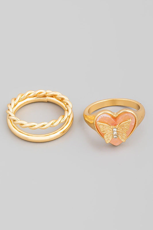Two Piece Stone Heart Butterfly Ring Set