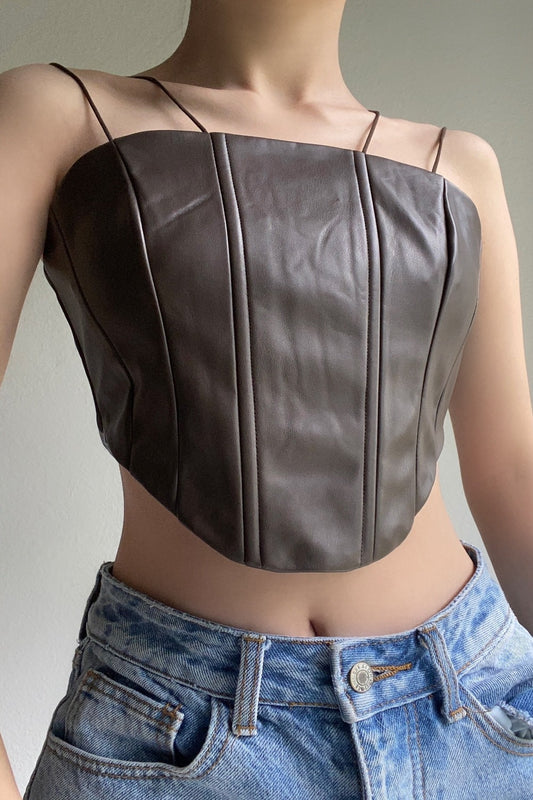 Dion Faux Leather Corset Top (Brown)