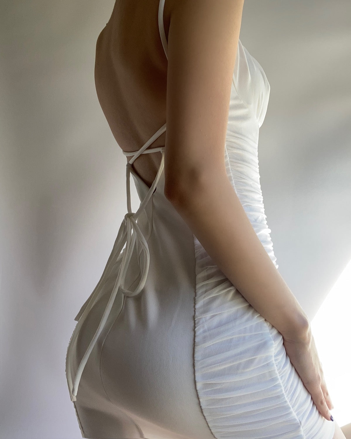 Brinley Ruched Mesh Dress (White)