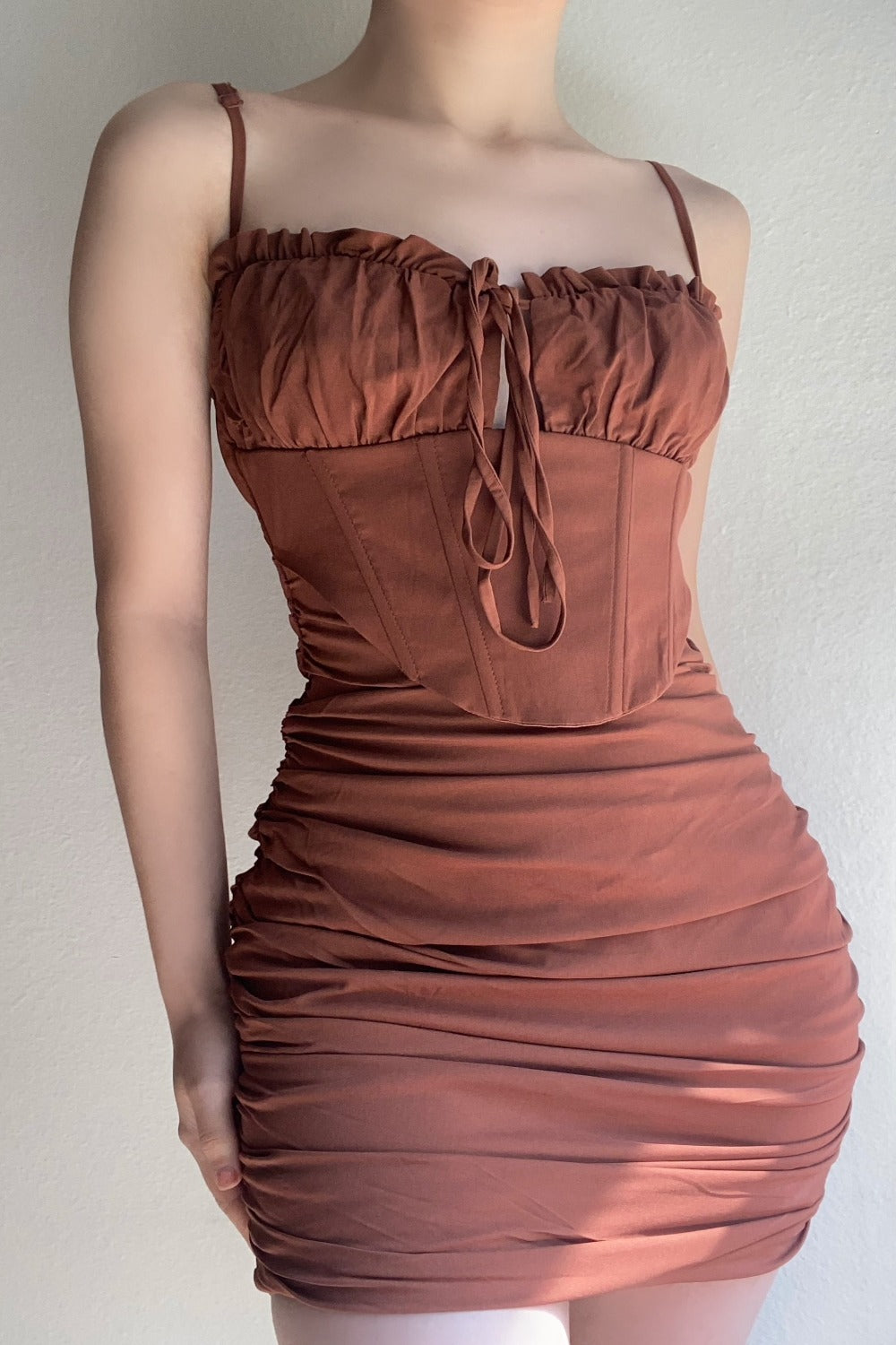 Lindor Ruched Corset Dress (Brown)